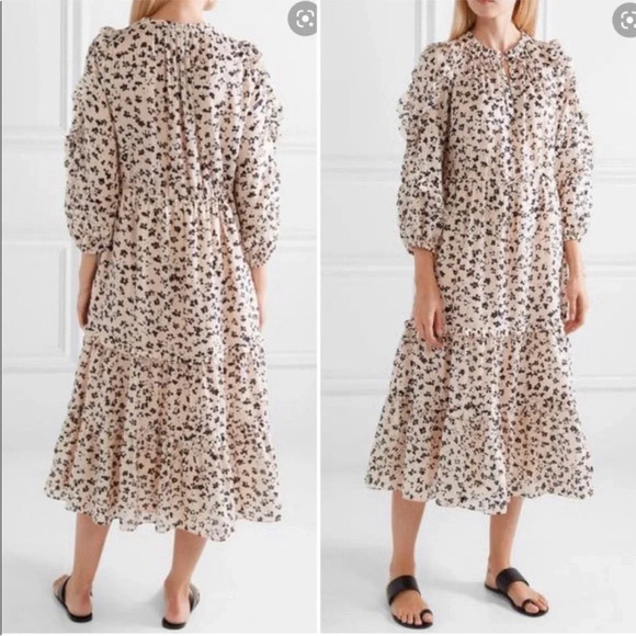 Ulla Johnson | Fantine Silk Midi Floral Ruffle Tiered Dress in Blush Pink 10 - Picture 3 of 9
